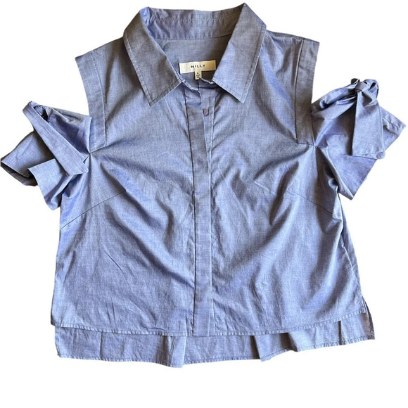 Milly Cold Shoulder Blue Shirt with Bow Short Sleeves – Women’s Size 6 - Picture 1 of 4